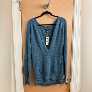 Banana Republic Cotton/Linen Blend Deep V Marled Blue Sweater Sz L